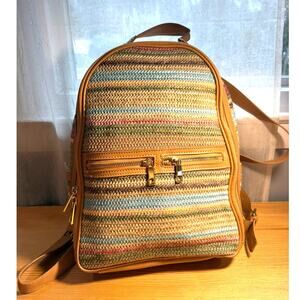 Tommy Bahama Woven Stripe Backpack Purse Tan Trim Boho Style